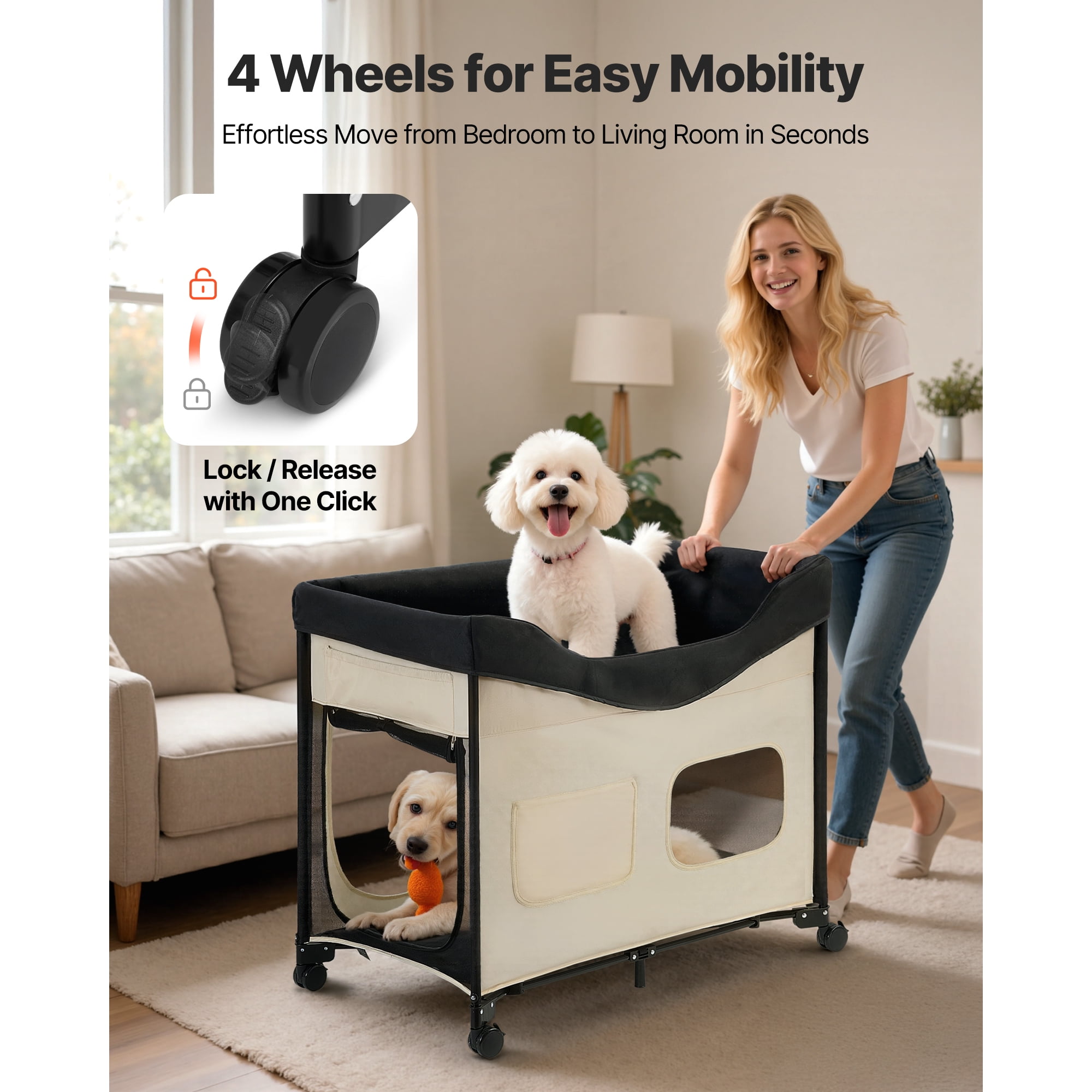 KFFKFF Double-Layer Pet Bed with Wheels, Foldable Dog Bed with Durable Oxford Cloth, Soft Velvet, Side Storage Pockets, and Storage Bag,40" X 23"