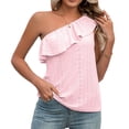 thumbnail image 1 of Top de un hombro para mujer, Top de verano con ojales y volantes, sin mangas, Color puro, 1 of 8