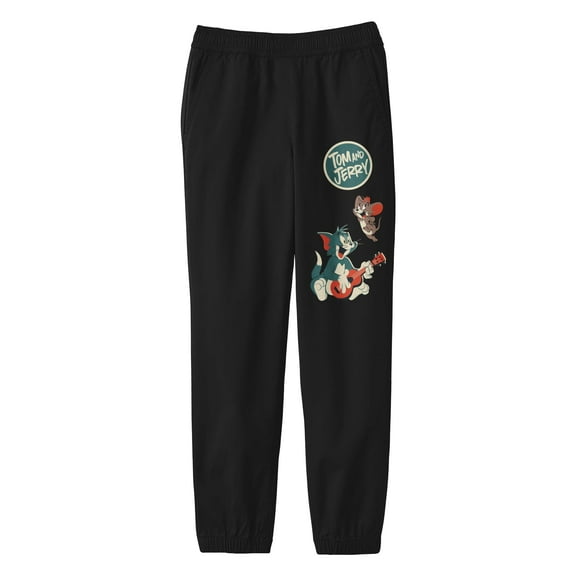 Tom & Jerry Tom Playing a Guitar with Jerry and Title Logo Youth Black Graphic Jogger Pants-XS
