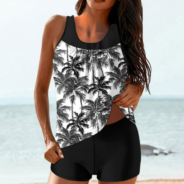 UPPADA 2 Piece Full Coverage Swimsuits for Women Floral Athleti Crewneck Bathing Suits High Waisted Tummy Control Modest Swimwear Comfy Tankini Top with Shorts Black,Xl