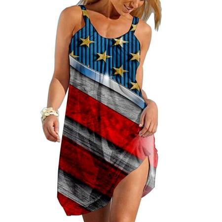 

Hvyesh Women s 4th of July Dresses Plus Size Summer Midi Dress Beach Print Round Neck Sundresses Vacation Spaghetti Strap Sleeveless Flowy Dresses 2023 Red