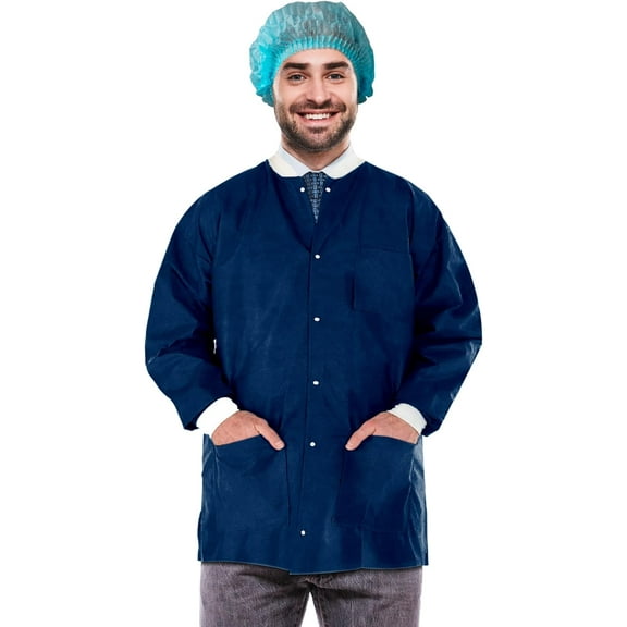 Disposable Lab Jacket, 33 Inches Long. Pack of 100 True Blue Disposable Hip-Length Workwear XX-Large. SMS 50 gsm Disposable Shirts with Snaps Front, Knit Cuffs, 3 Pockets. Unisex PPE Coat