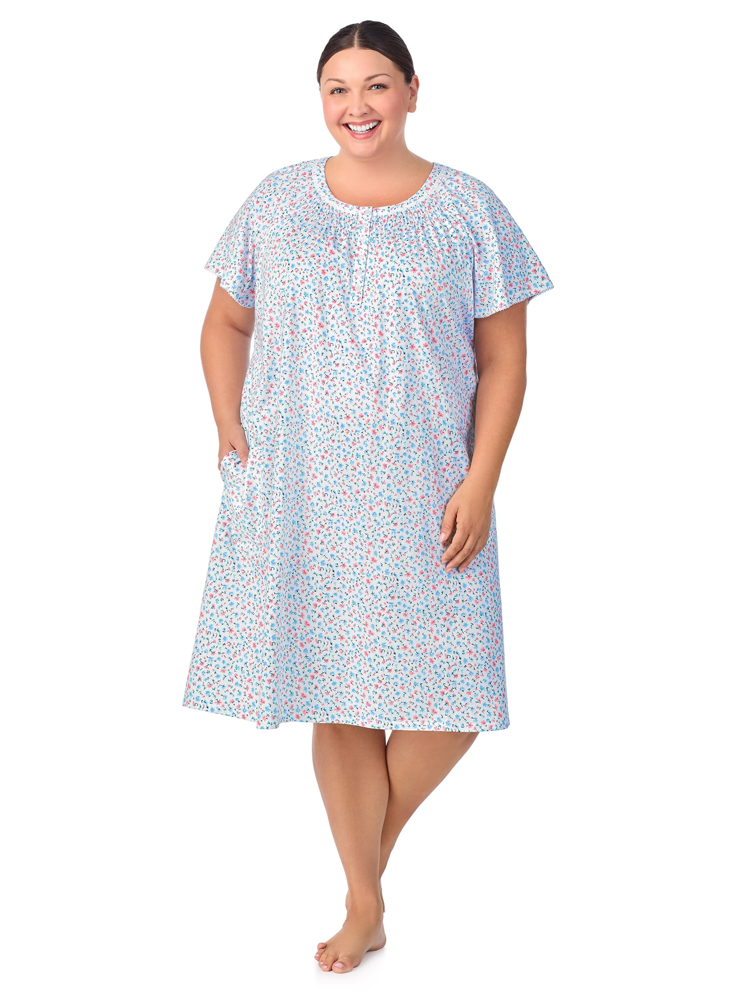 Aria Women's 100% Cotton Raglan Sleeve Smocked Neck Sleepwear 40" Gown, Sizes XS-5X