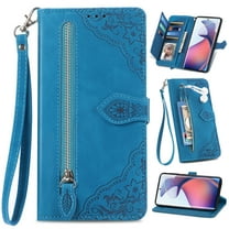 for Motorola Moto G Play 4G 2024 Case for Women, Wallet Case with Zipper Pocket Purse Flower Embossed PU Leather Card Slots Wrist Strap Flip Folio Protective Cover for Moto G Play 4G 2024, Blue