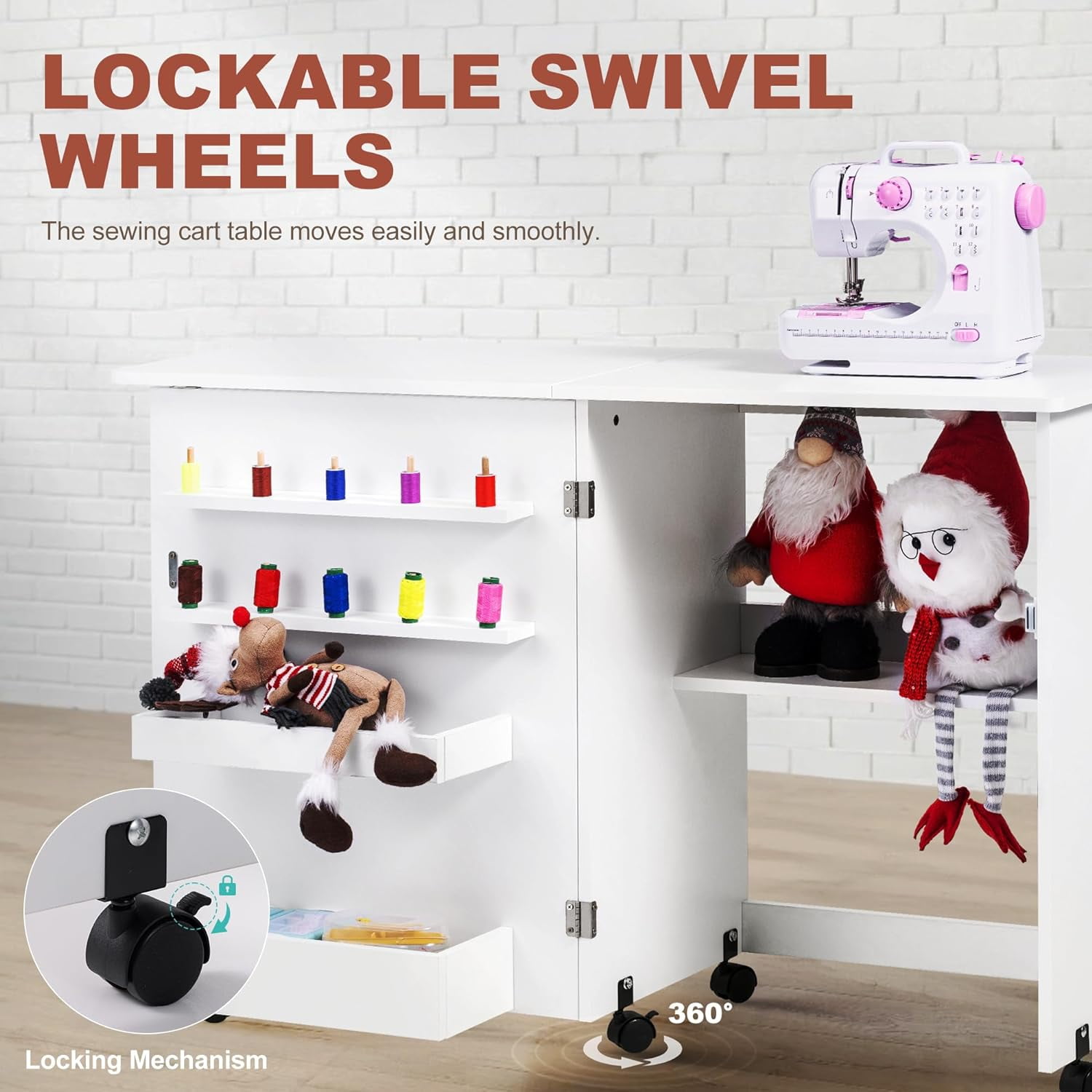 Folding Sewing Table, Multipurpose Sewing Machine Table with Compact Design, Wheels, Shelves, Bins, Pegs, Magnetic Locks (White)