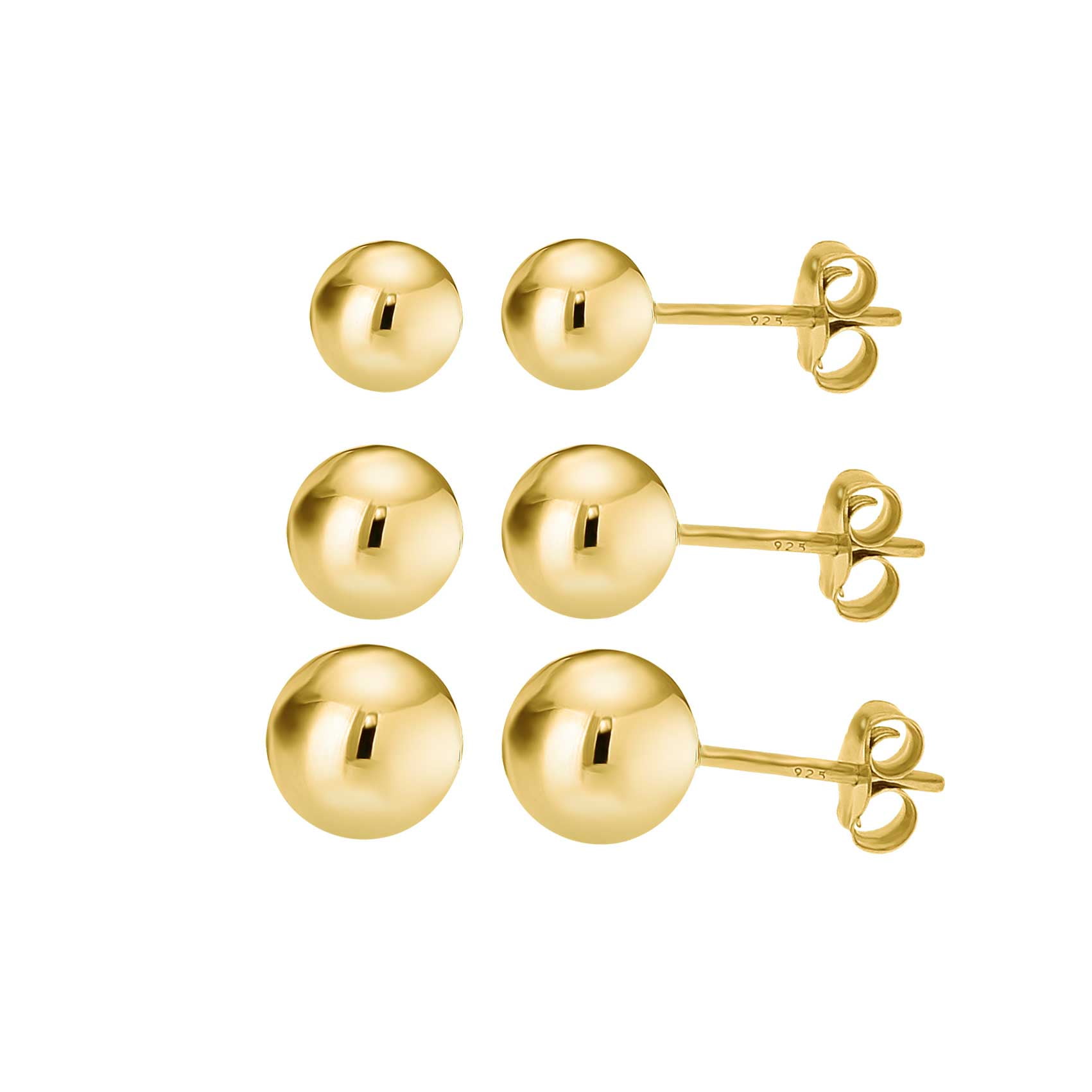 14K Gold over 925 Silver High Polish Smooth Round Ball Stud Earring 3 ...