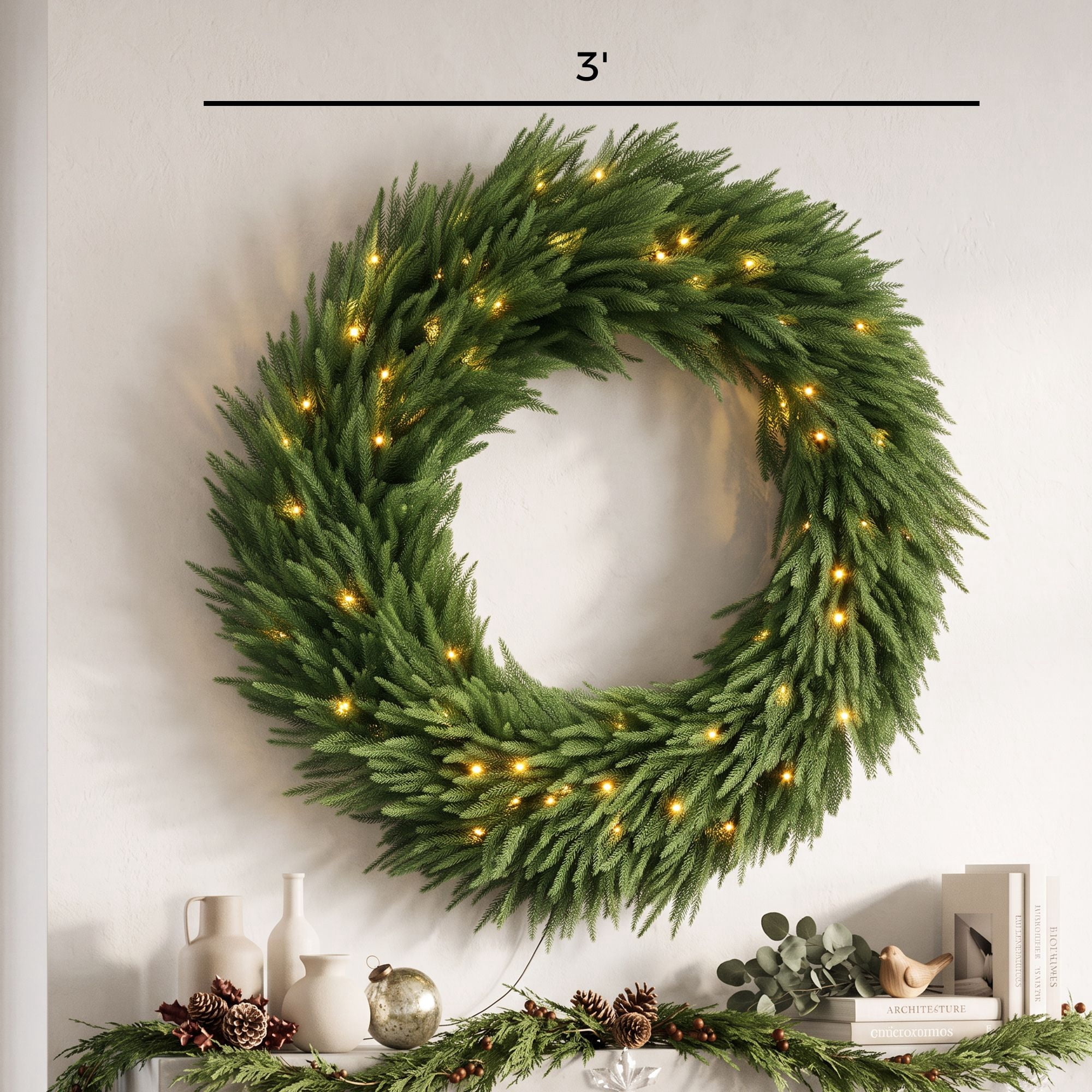 Pre-Lit Artificial Christmas Wreath, 36 in Norfolk Pine Design with 100 Warm White LED Lights, 560 Branch Tips, Indoor and Covered Outdoor Holiday Door Decor