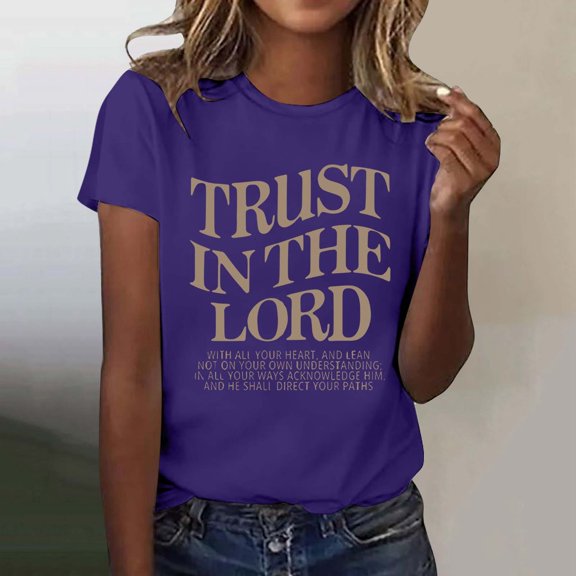 Yuhangmm Womens T Shirts Women's Summer Leisure Top | Solid Color Letter Print Round Neck Short Sleeve T Shirt for Women | Lightweight Breathable Casual Everyday Wear Purple XXL