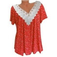 thumbnail image 4 of Women Shirts Print Short Sleeve Tops V Neck Lace Stitching Blouse, 4 of 6