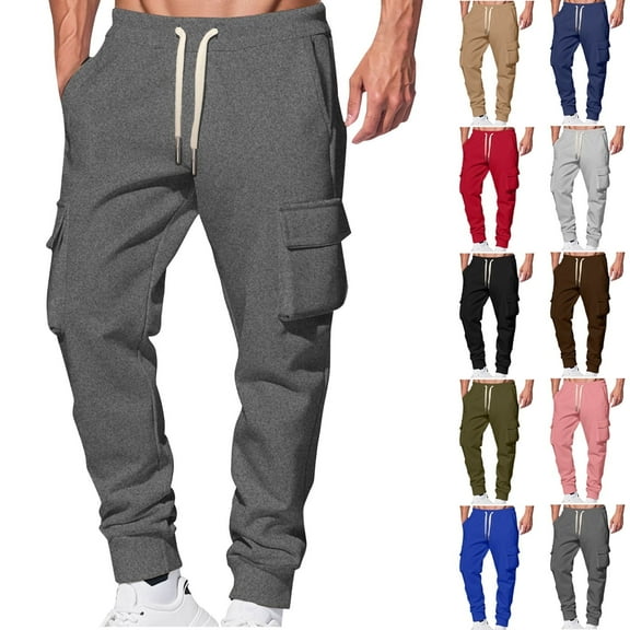 RYDCOT Mens Elastic Waistband Drawstring Warm Sweatpants Outdoor Casual Solid Color Jogger Cargo Pants Red