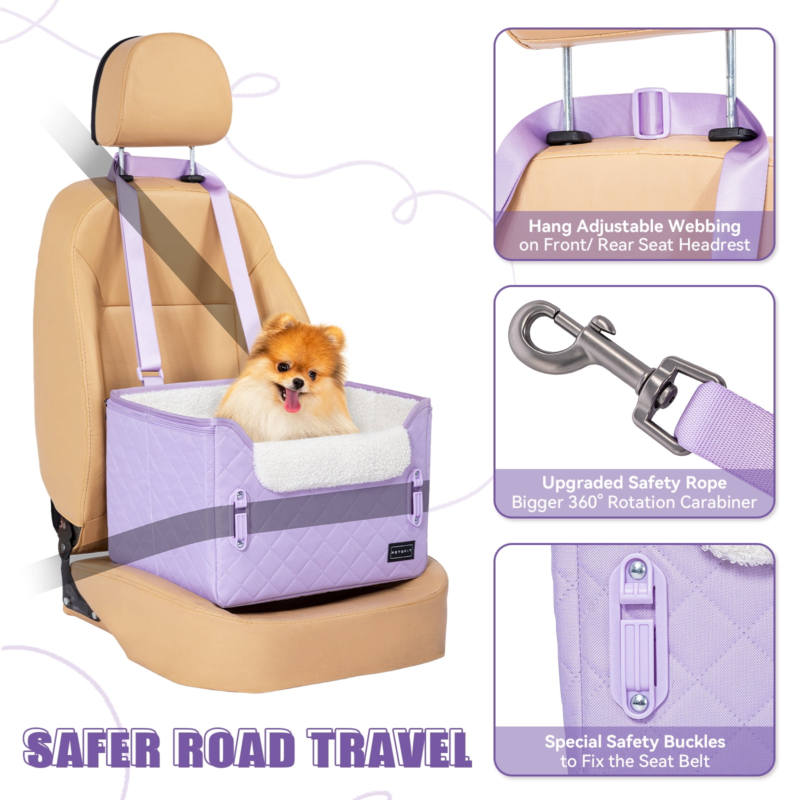PETSFIT Small Dog Car Seat, Puppy Portable Dog Booster seat for Car with Clip-On Leash, Adjustable Straps Suitable for Small Pets Up to 25lbs (Lavender Purple)