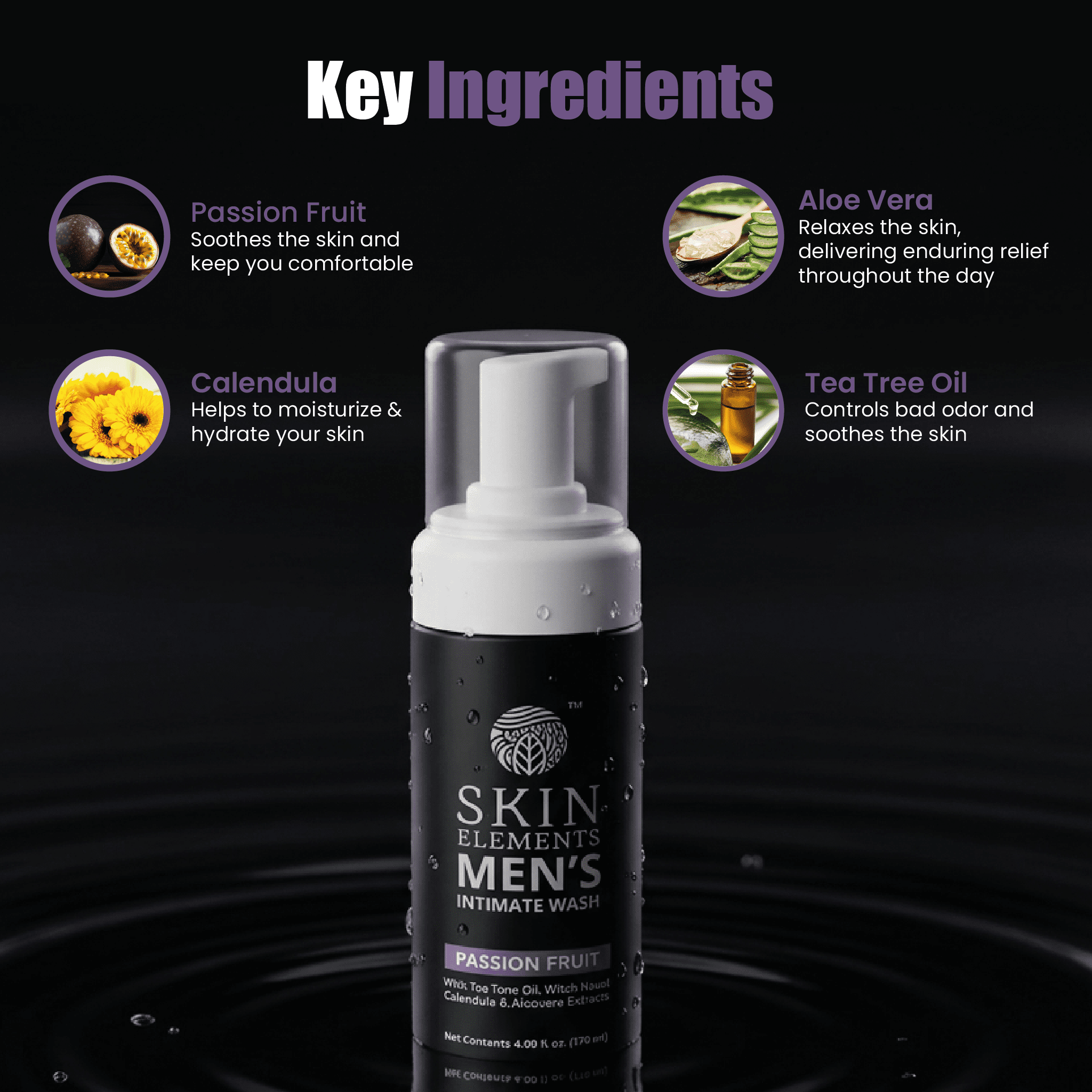 Skin Elements Intimate Wash for Men with Passion Fruit (4.05 Fl Oz) | pH Balanced Foaming Wash | Controls Bad Odor and Soothes Intimate Skin