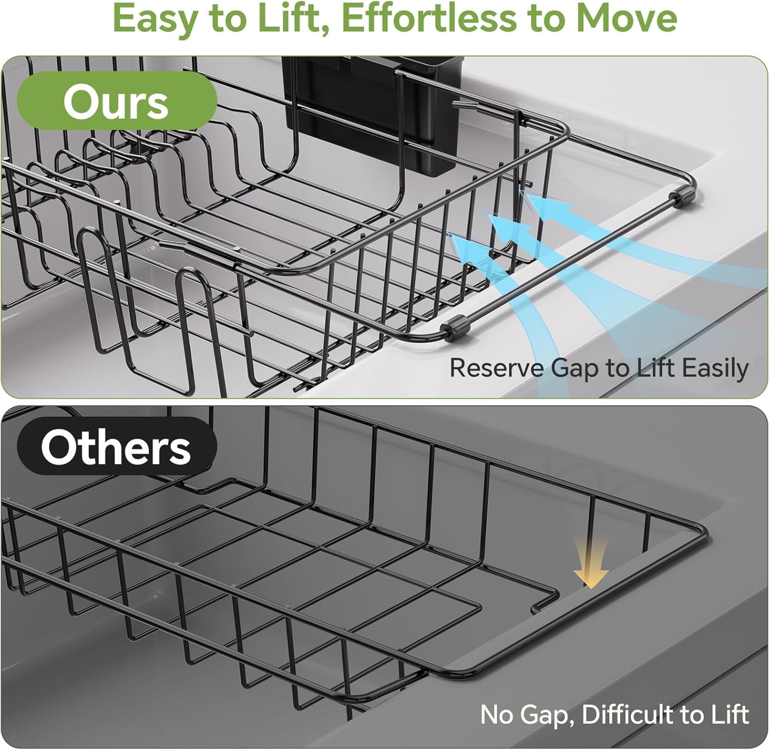 General Expandable Dish Drying Rack in Sink, Adjustable Dish Drainers for Kitchen Counter, Inside Sink, Over The Sink with Utensil Holder, Black