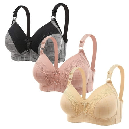 Clearance TOUMENY Bras for Women Nude Bra 3PC Women Plus Size Lace Stitching Plaid Printing Non-Steel Ring Non-Magnetic Buckle Underwear Bra