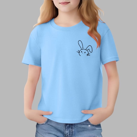 Girls Cotton T-Shirt Short Sleeve Crewneck Soft Graphic Rabbit Print Top for Kids Kids 2-13 Years,Size 11-12 T
