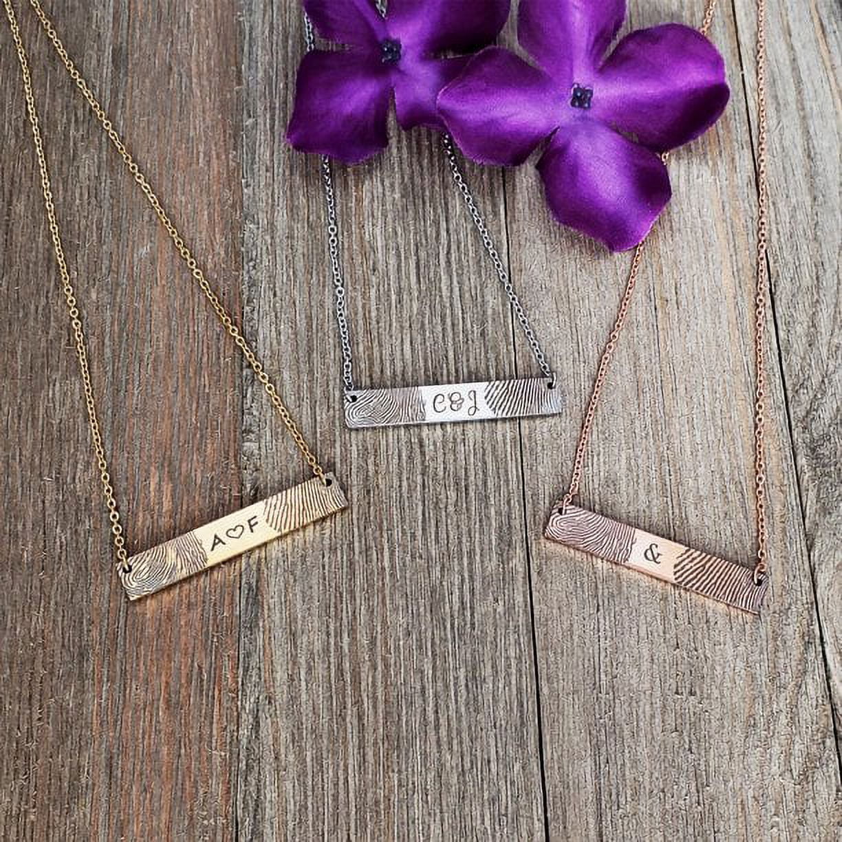 Personalized Actual Fingerprint Two Thumb Print Engraving Stainless Steel Keepsake Pendant Jewelry Bar Pendant Necklace with Gift Box [Gold]