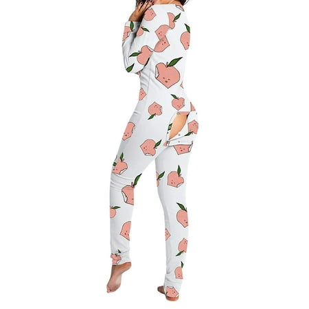 

Domingbub Women s V Neck Butt Button Back Flap Jumpsuit Pajamas Long Sleeve One Piece Bodycon Rompers Bodysuit White Peach XL