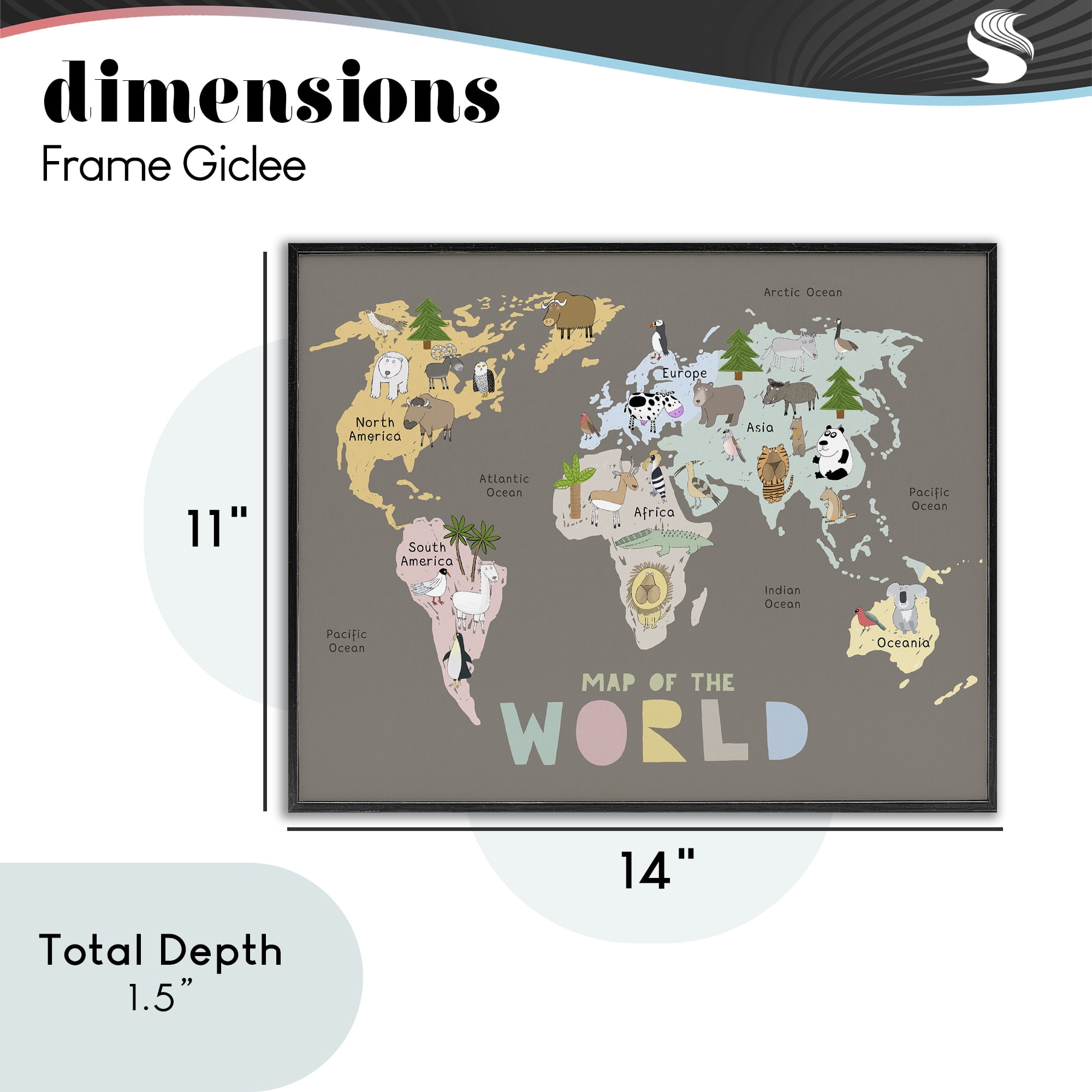 Kid's Map Of World Brown Black Framed Giclee Art, design by Carla Daly