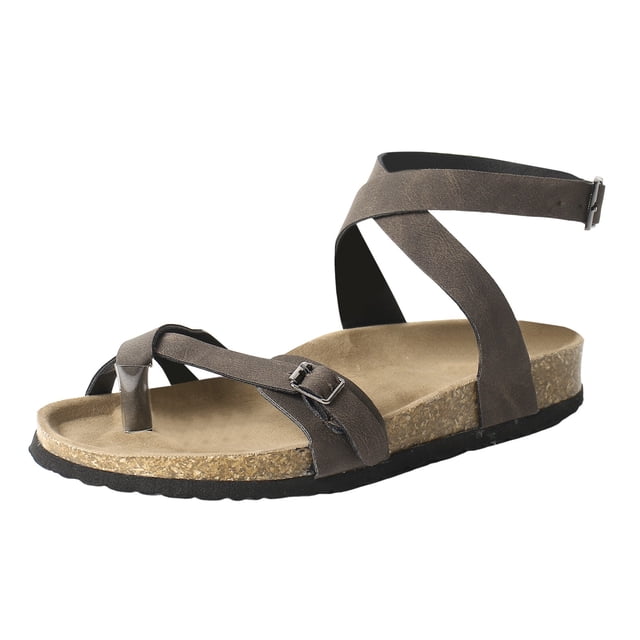 IUJSOY Womens Slide Sandals Cork Footbed Clip Toe Cross Ankle Strap Adjustable Buckle Flat Sandals