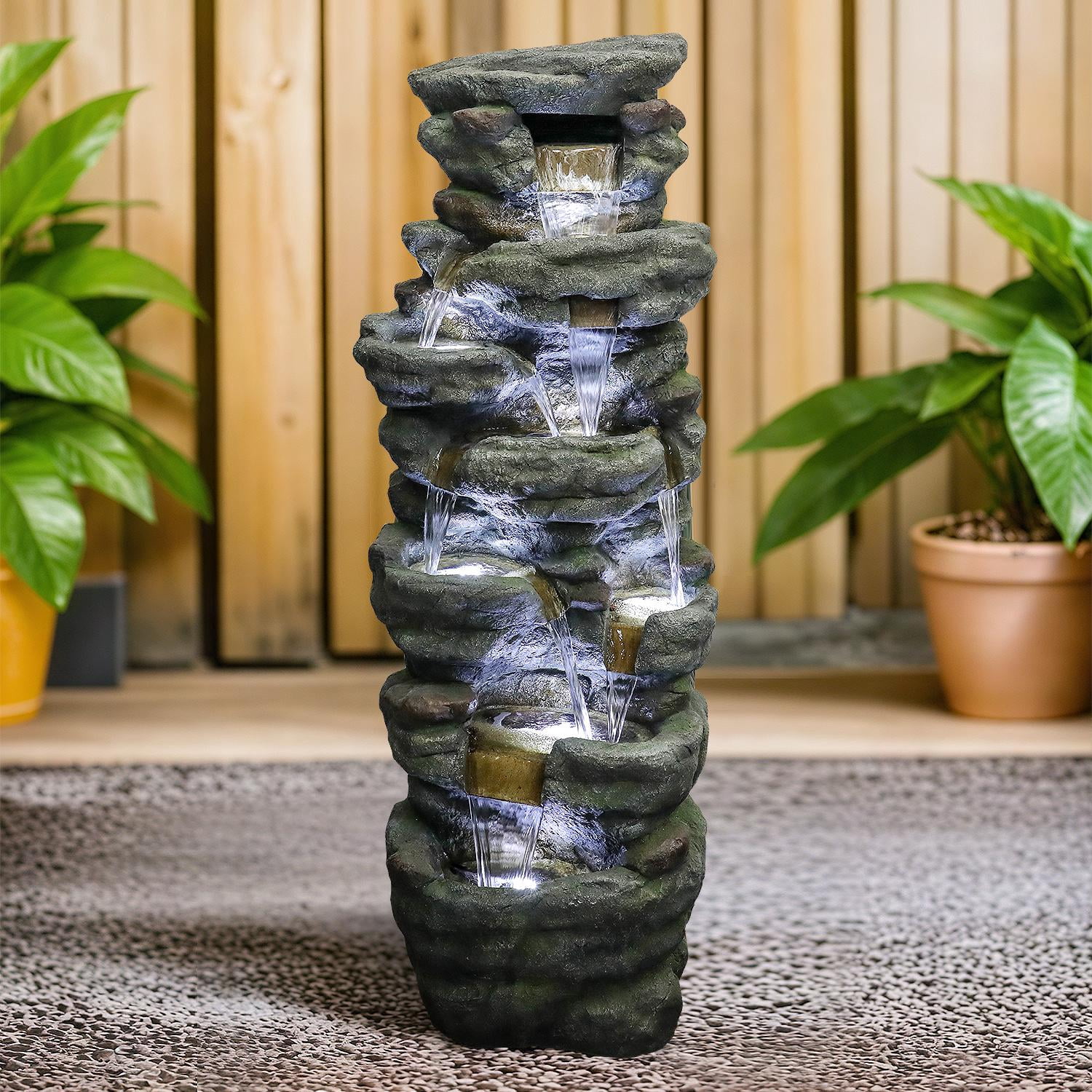 51" H Outdoor Water Fountain - 7-Tiers Rock Waterfall Fountain with LED Lights for Home Garden Decor