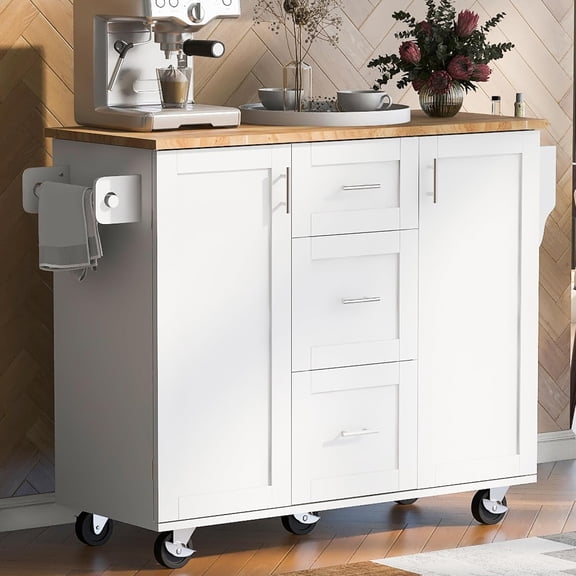 Virubi 50" Rolling Kitchen Island with Storage, Kitchen Cart with Rubber Wood Top, 3 Drawer, 2 Slide-Out Shelf and Internal Storage Rack, Spice Rack & Tower Rack (White)
