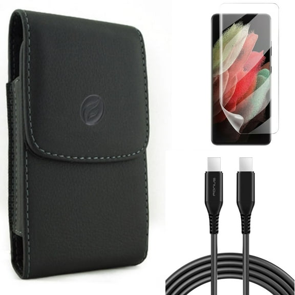Matte Screen Protector & Case Belt Clip & 10ft Long USB-C Cable for Samsung Galaxy S21 Ultra Phone - TPU Film Anti-Glare & Leather Holster & PD Fast Charger Cord Power Accessory Bundle