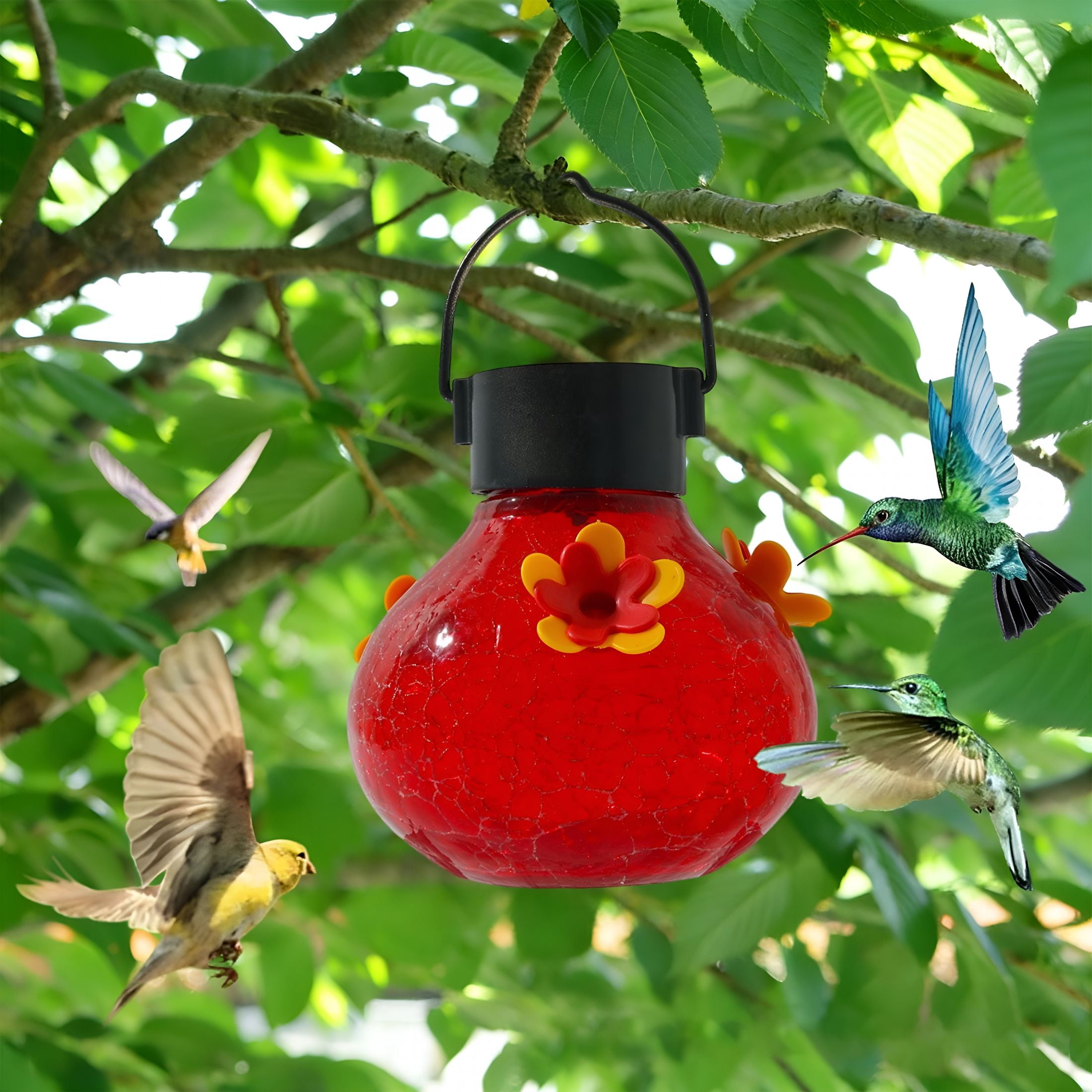 ACDANC Solar Hummingbird Feeder with LED Lights, Automatic Bird Glass Feeder, Outdoor Garden Patio Decor, Bird Attractor at Night, Easy to Hang Clean, 6.5x3.94 Inch, Multicolor