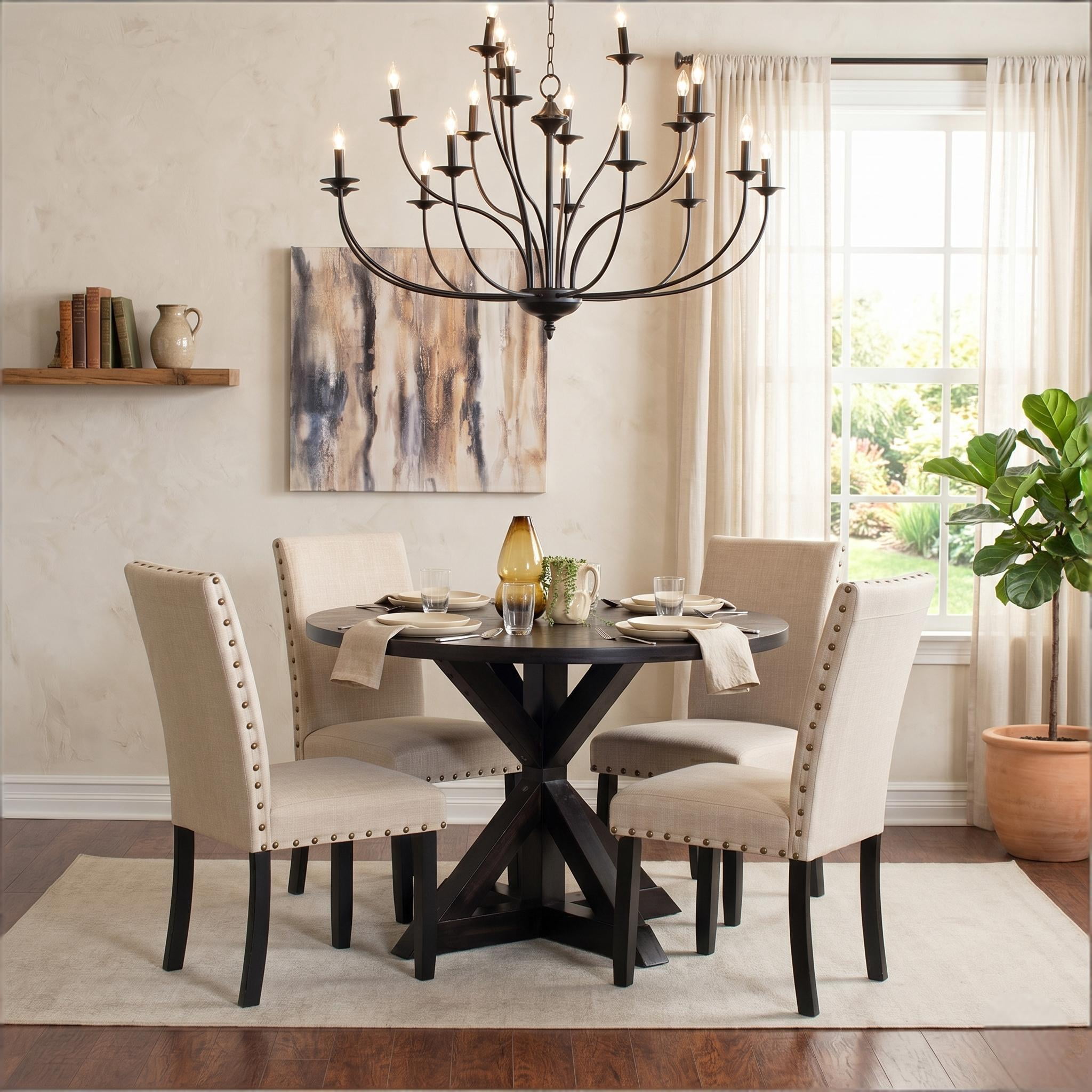 Howcool 5-Piece Round Cross-Buck Dining Table Set, Solid Rubberwood Base with 4 Velvet Upholstered Chic Chairs, Dark Black Finish for Kitchen & Dining Room