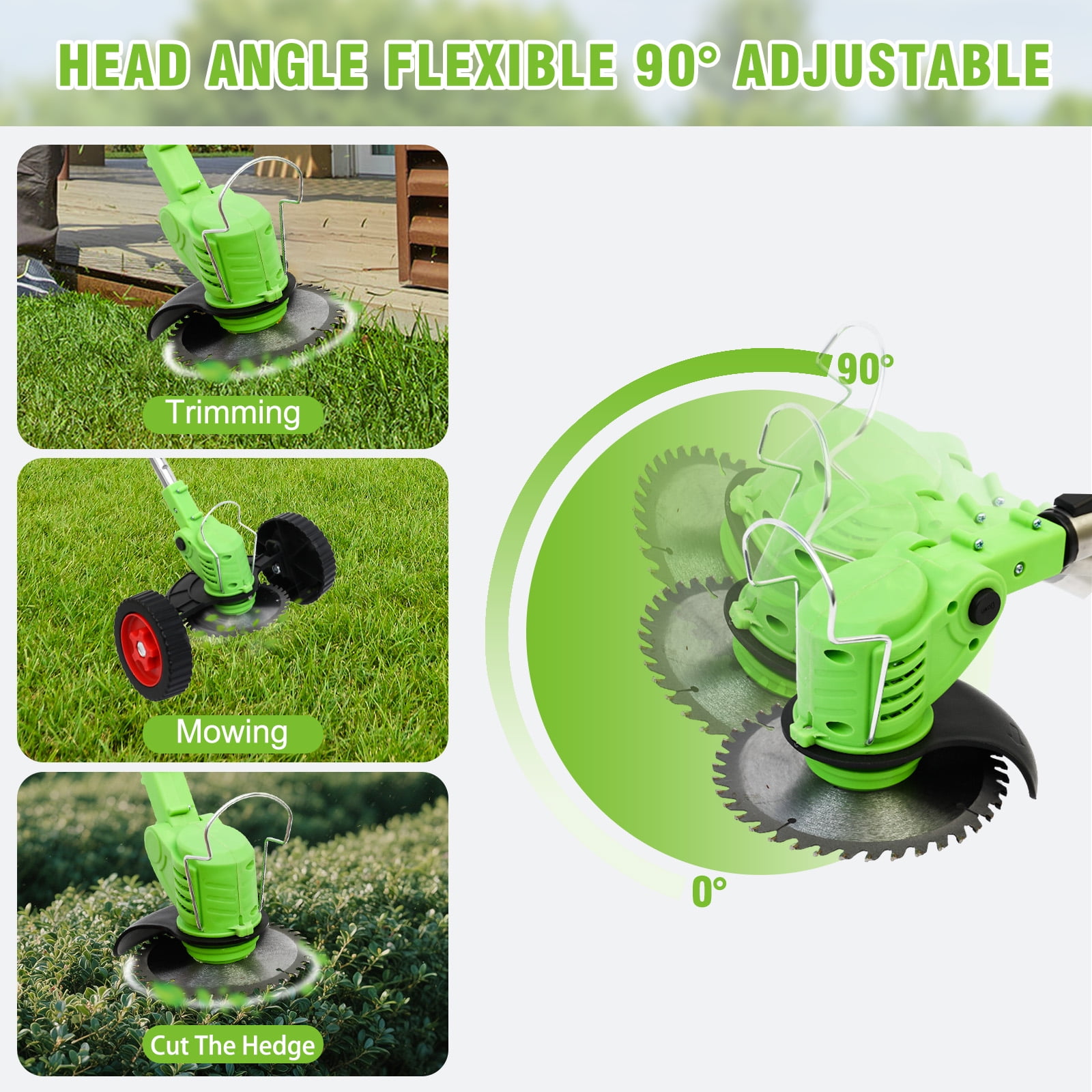 Cordless Grass String Trimmer, Electric Weed Eater with Wheels, Weed Trimmer, 2Battery+Charger, Green