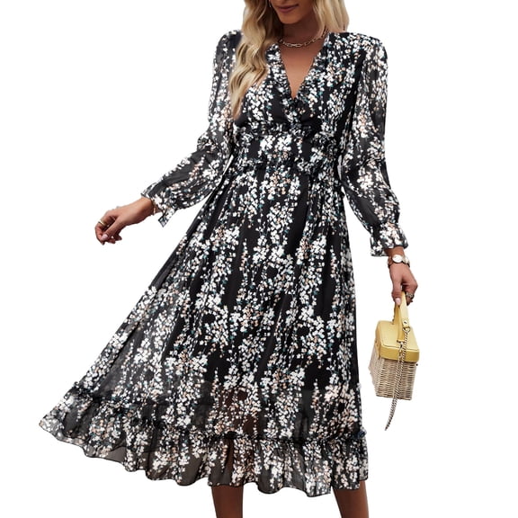 OUSIMEN Women's Casual Long Sleeve V Neck Loose Floral Dress Long Dresses Swing Dress for Women