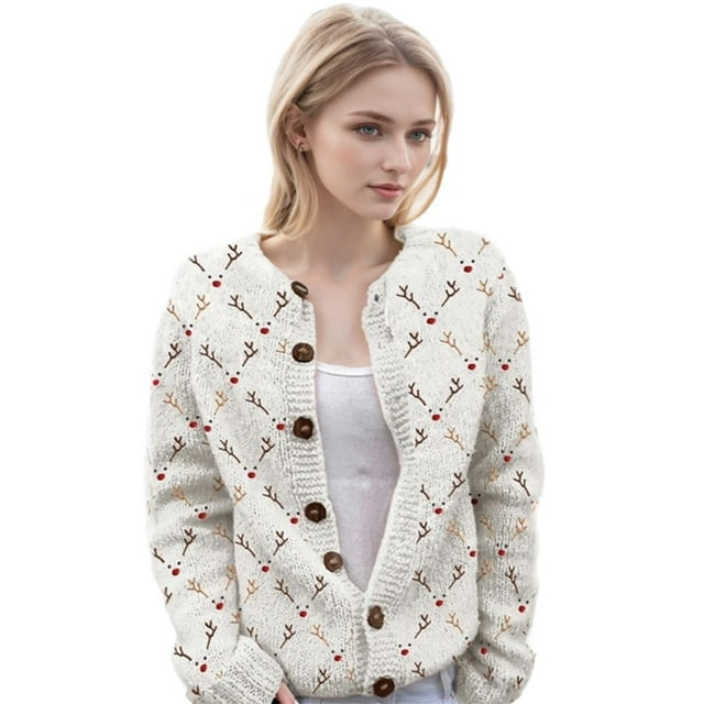 WAITLOVER Cárdigan de lana de punto navideño elegante y cálido para mujer