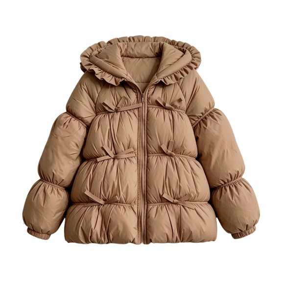 KyCheLot Girls Quilted Jacket with Hood Long Sleeve Solid Color Zip-Up Jacket Trendy Ruffle Hooded Clothes