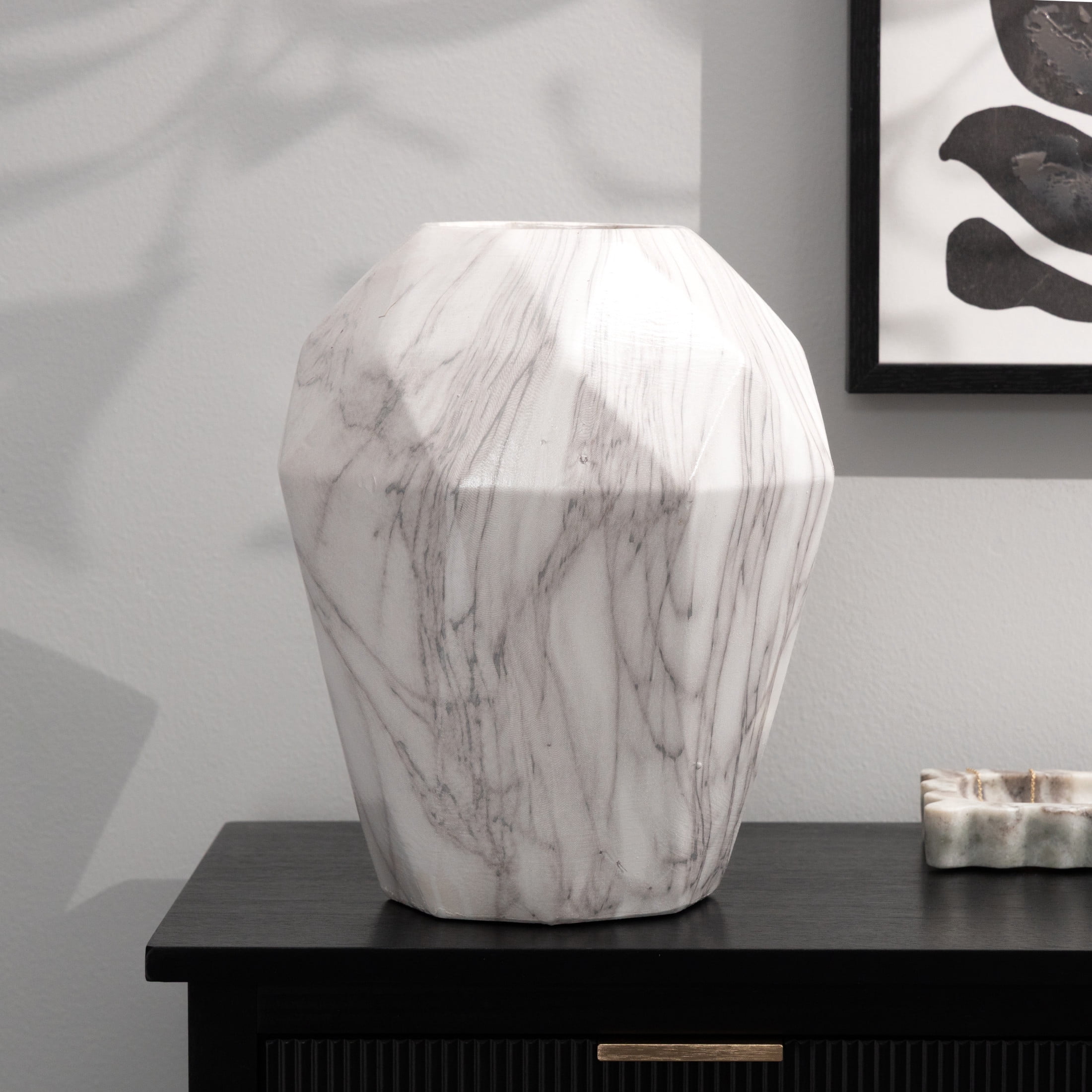 DecMode 12" Faux Marble White Ceramic Vase
