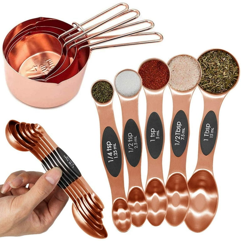 Stainless Steel Measuring Cups And Spoons Set Of 8 Engraved Measurements,  Metal Measure Sets With Ring For Kitchen Baking Cooking Rose Gold