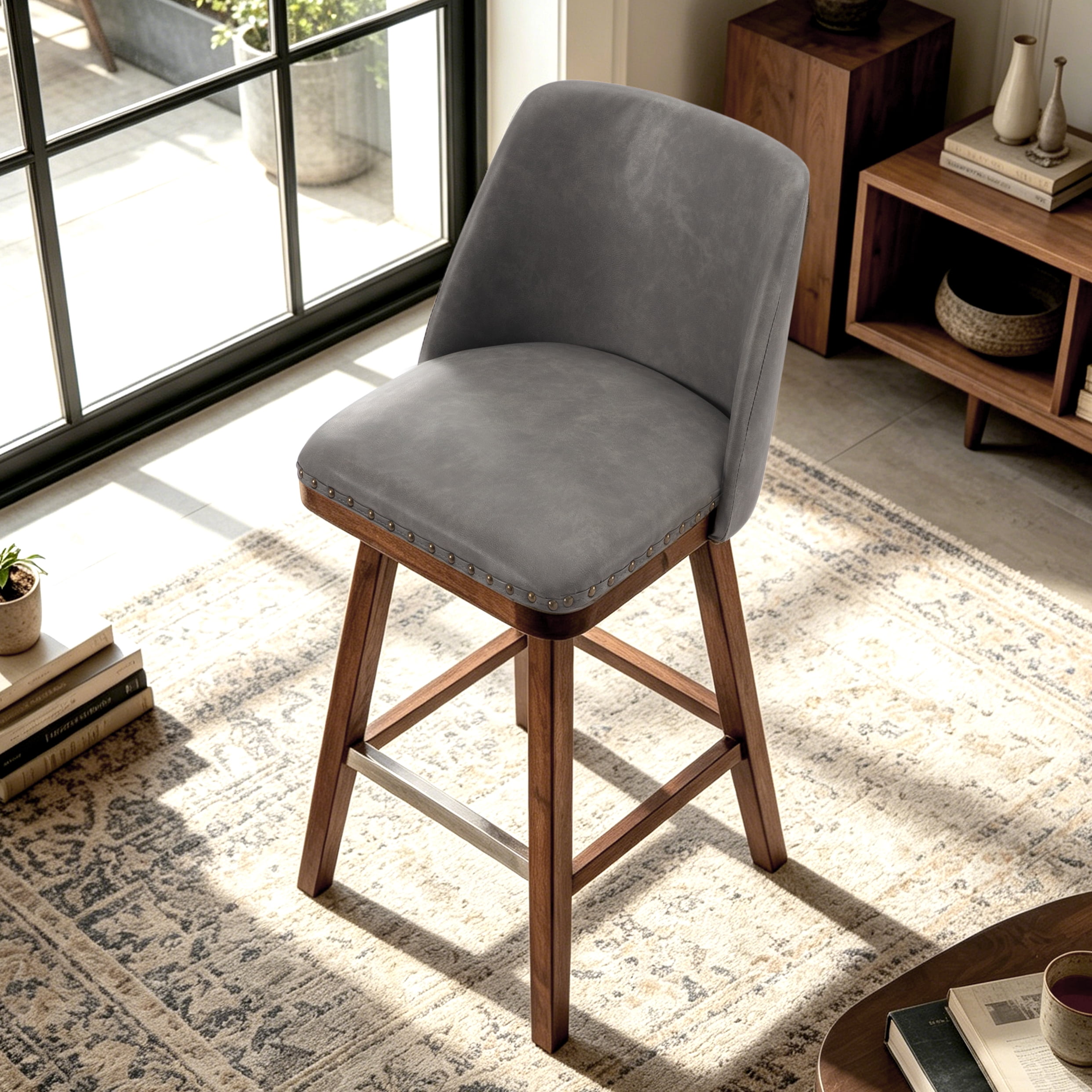 Gewnee 18.9"Swivel Barstool,Modern Counter Height Barstools with Solid Wood Frame,360˚ Smooth Swivel Bar Chairs for Kitchen Island,Home Bar,Cafe.Gray PU