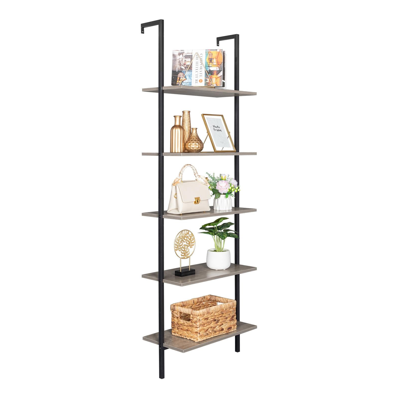 Storage Rack Shelves Display Plant Flower 5-Tier Wood Wall-Mounted Bookcase with Stable Metal Frame Industrial Ladder Shelf