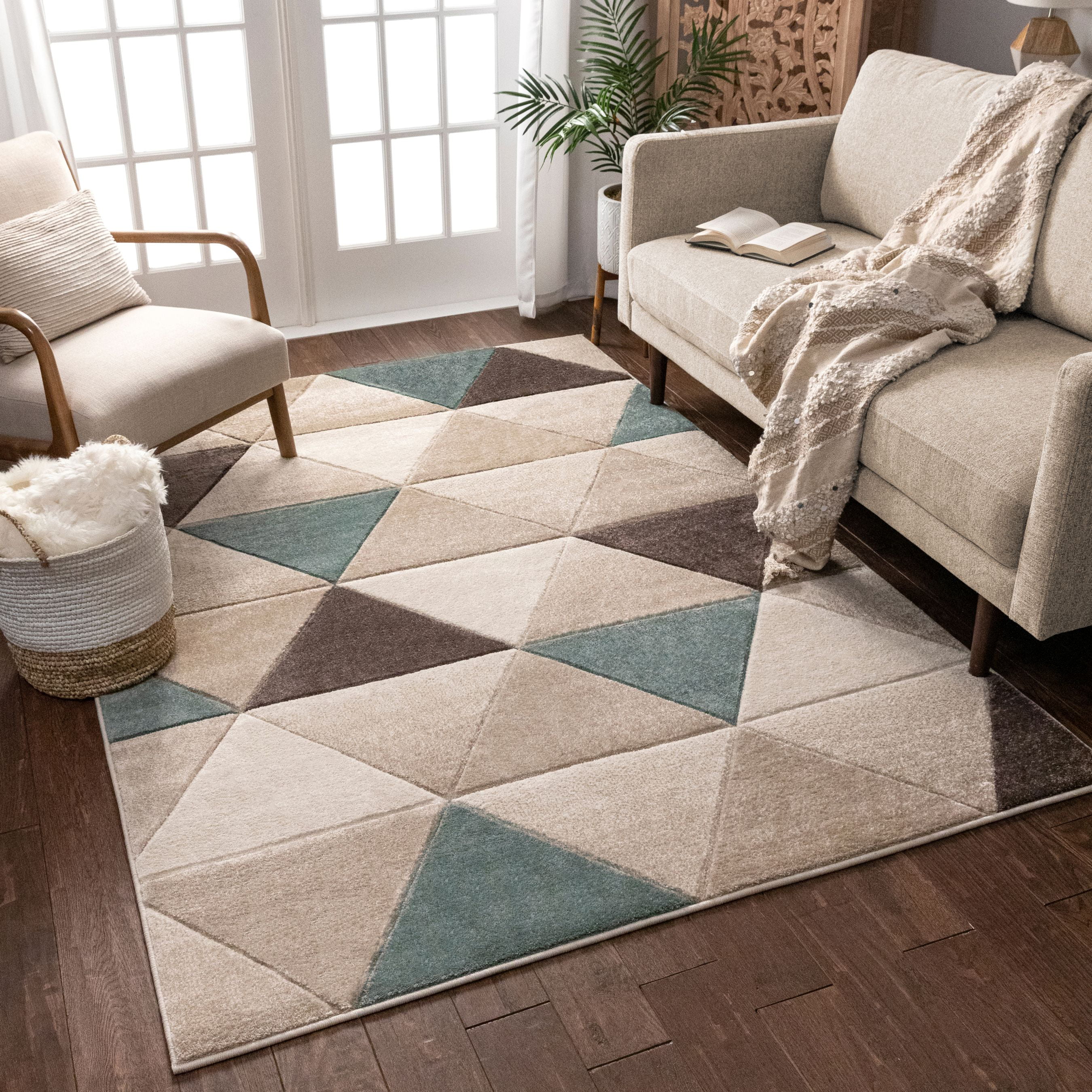 2' x 3' Area Rug Easy to Clean Stain & Fade Resistant Thick Soft Plush Well Woven Suave Angles Brown & Blue Modern Geometric Triangles Hand Carved 2x3 