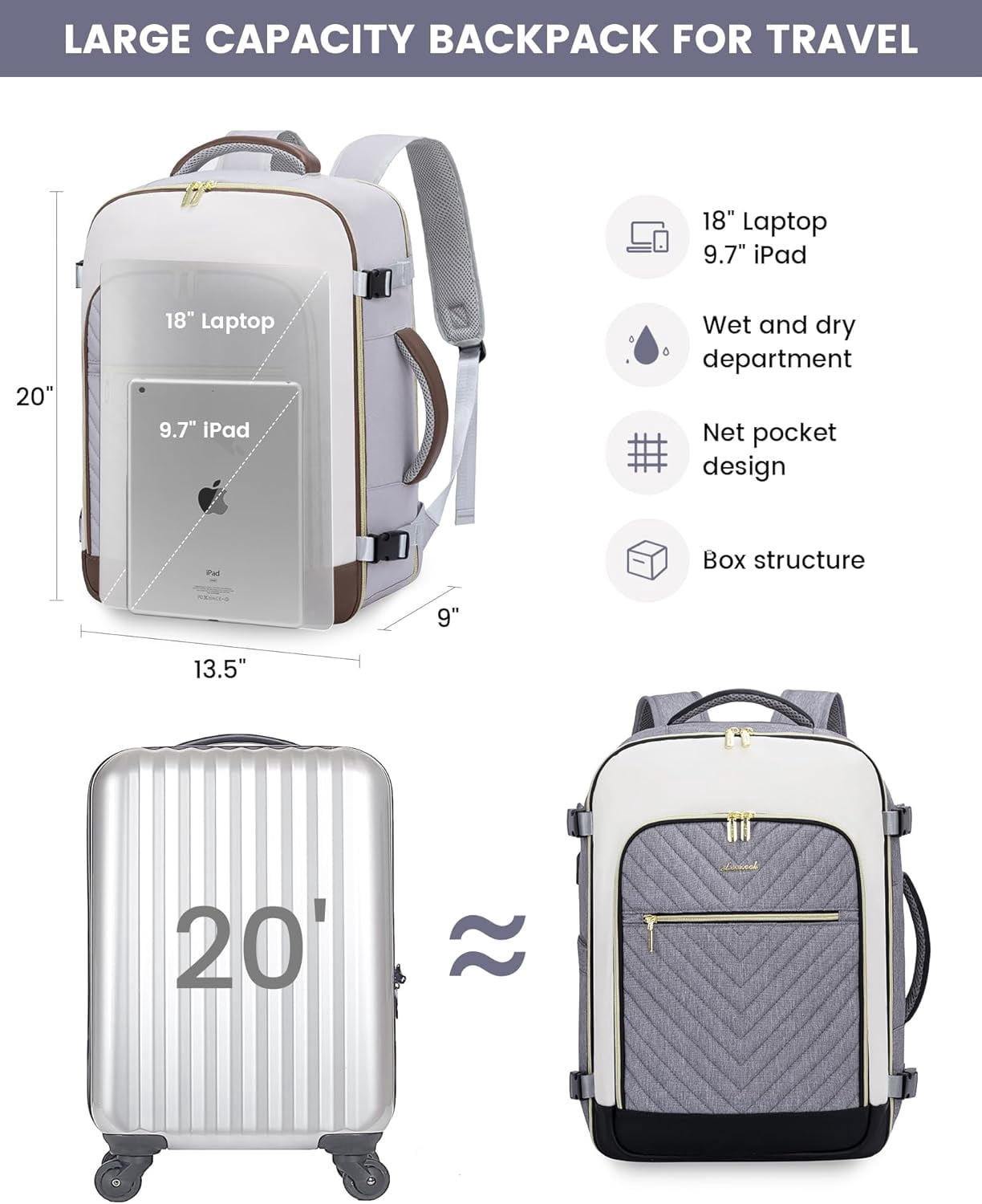 LOVEVOOK Large Travel Backpack for Women, TSA Carry on Backpack for Airplanes, 40L Personal Item Travel Bag for Women fits 17" Laptop,Waterproof Carry on Bag Airplane Approved with 3 Packing Cubes