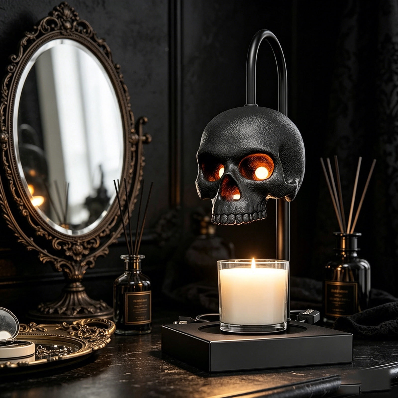 Skull Candle Warmer Lamp with Timer & Dimmer (Candles NOT Included) – Black Gothic Table Lamp Candle Warmer Adjustable Height, Skull Decor- Lamps for Spooky Home & Witchy Gifts