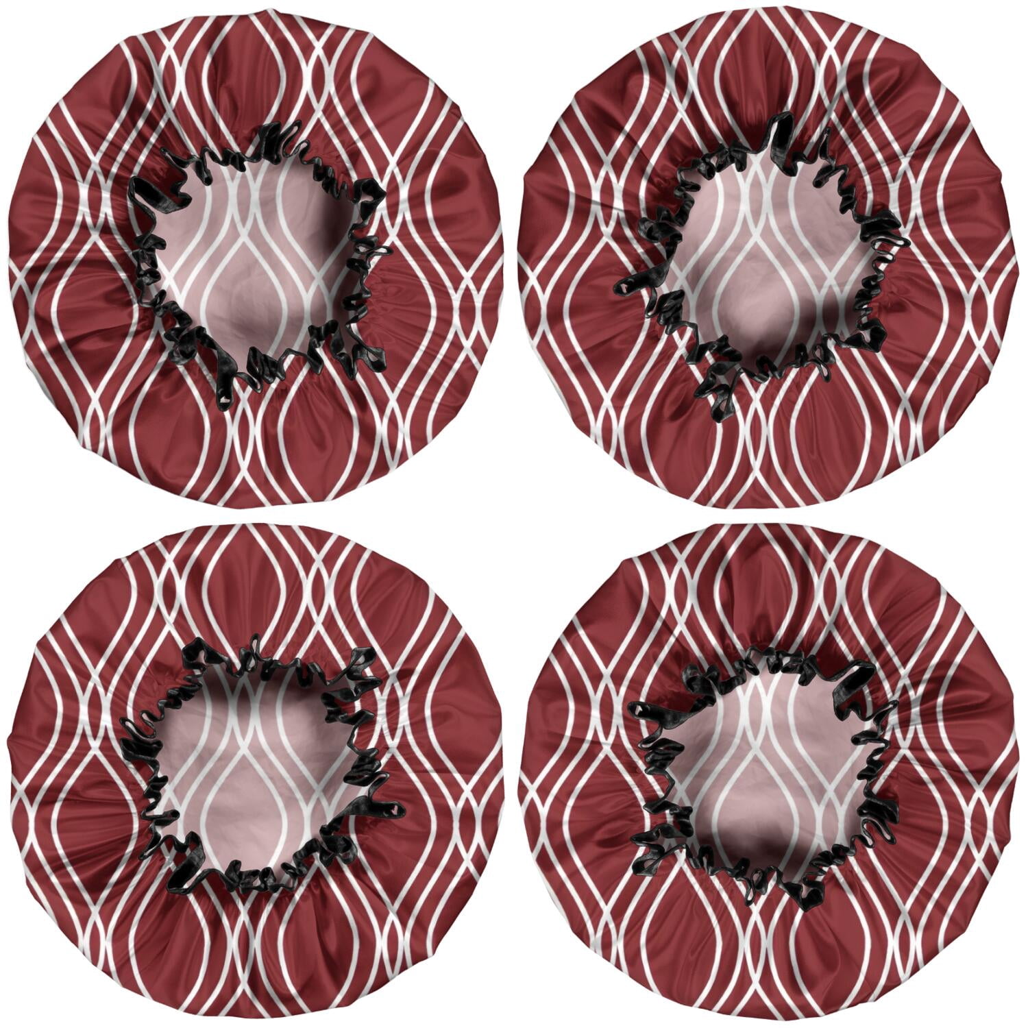Shower Caps,Burgundy and White Wavy Pattern Waterproof Shower Cap for Women 4 Pieces,Double Reusable Hair Cover for Shower PEVA Elastic Stretch Hem