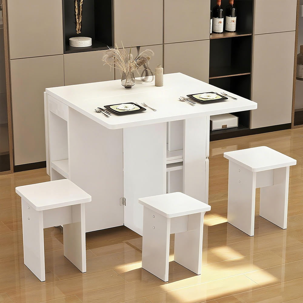 Kadyn Kitchen Table, Dining Table,Folding Drop Leaf Dining Table Set for 4 with 4 Chairs, Foldable Dining Table with Storage and 6 Wheels, White