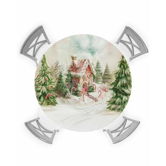 nqOlkjepod Christmas Round Tablecloth, Fitted Table Cover with Elastic for 55"-60" Round Tables, Green Xmas Tree Farmhouse Winter Table Cloth Outdoor Indoor Dinning Party Waterproof Tablecloths