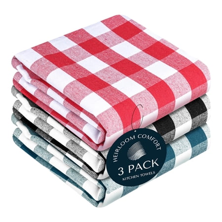 HEIRLOOM COMFORT Gingham Check Kitchen Towels 3 Pack 18 x26 100% Cotton Super Absorbent & Quick Dry Durable Dish Towel for Drying Dishes Machine Washable Everyday Use - Red Black Teal
