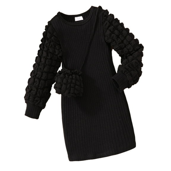 Flower Girl Dress,Long Sleeve Puffed Sleeve Striped Dress with Bag,Solid Color Party Wear, Elegant Occasion Dress,Toddler Girl Dress,Black,7-8 Years