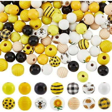 1 Set 192pcs 14 Styles Sunflower Wooden Beads 16mm Bee Loose Round Beads Colorful Painted Wood Beads Yellow Beads for Summer Christmas Thanksgiving Farmhouse Jewelry Making Home Decor Macrame