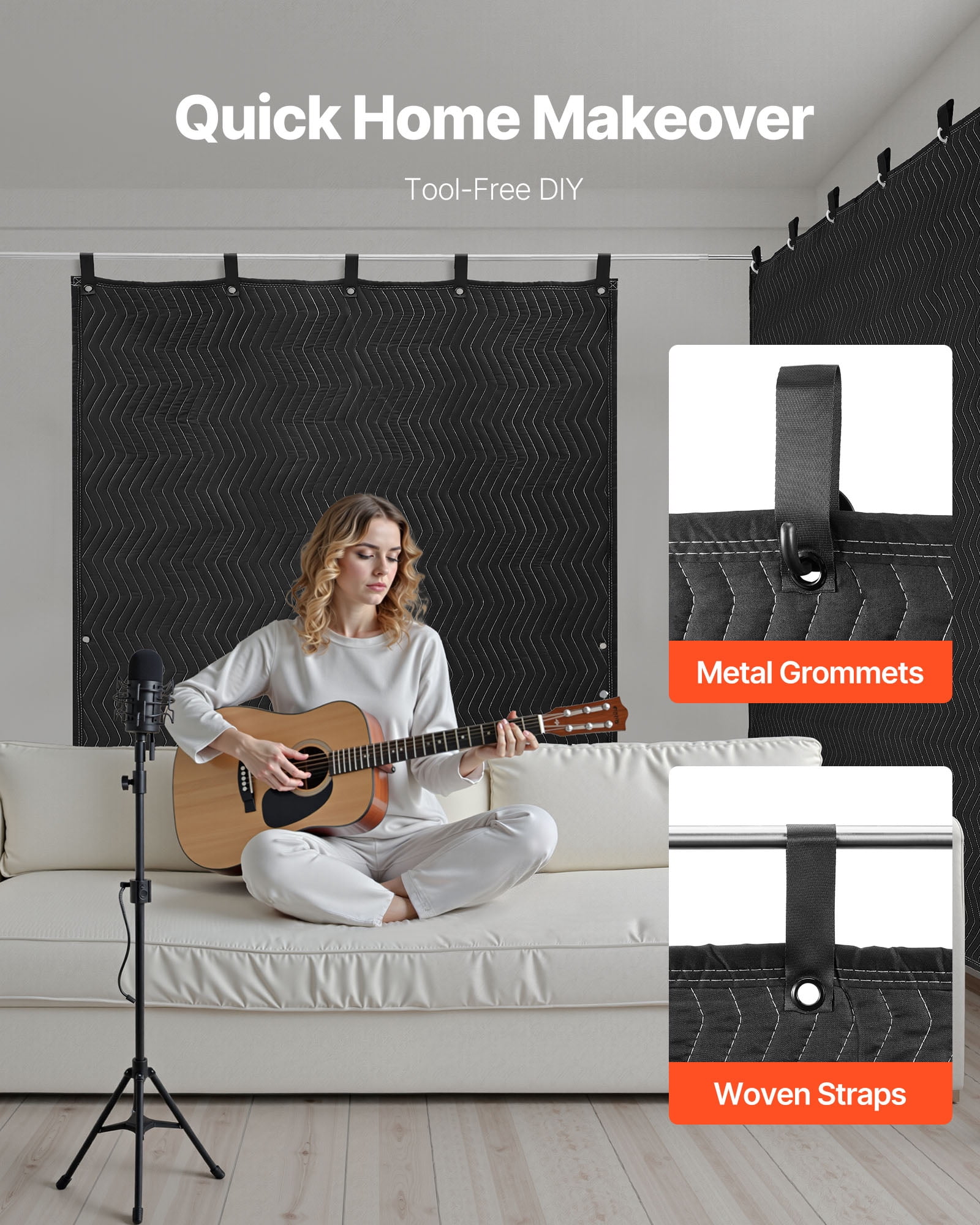 VEVOR Sound Dampening Blankets, Soundproof Curtains with 80 x 48 in, Soundproof Blanket with Grommets, Studio Grommeted Blanket, for Window, Door, Light Blocker, Music Recording, Black