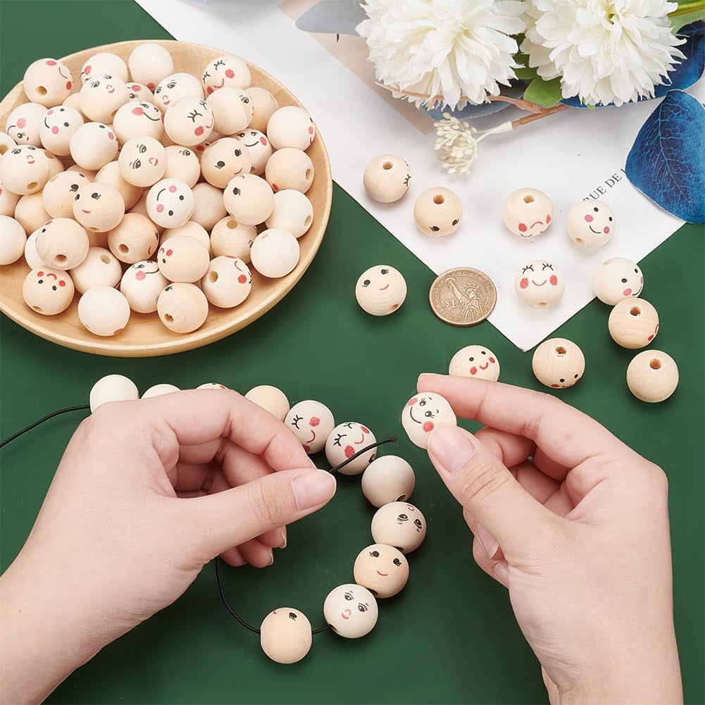 90pcs Smile Face Wooden Beads 6 Styles 20mm Natural Wood Beads Loose Beads Head Beads Spacer Beads for DIY Key Chain Bracelet Necklace Jewelry Macrame Hair Crafts, Hole 4.7mm