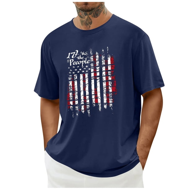 Tops para hombre, blusas y camisas de cuello redondo y manga corta para hombre. Top/camisa de cuello redondo y manga corta con estampado del Día de la Independencia para hombre. Tops para hombre.