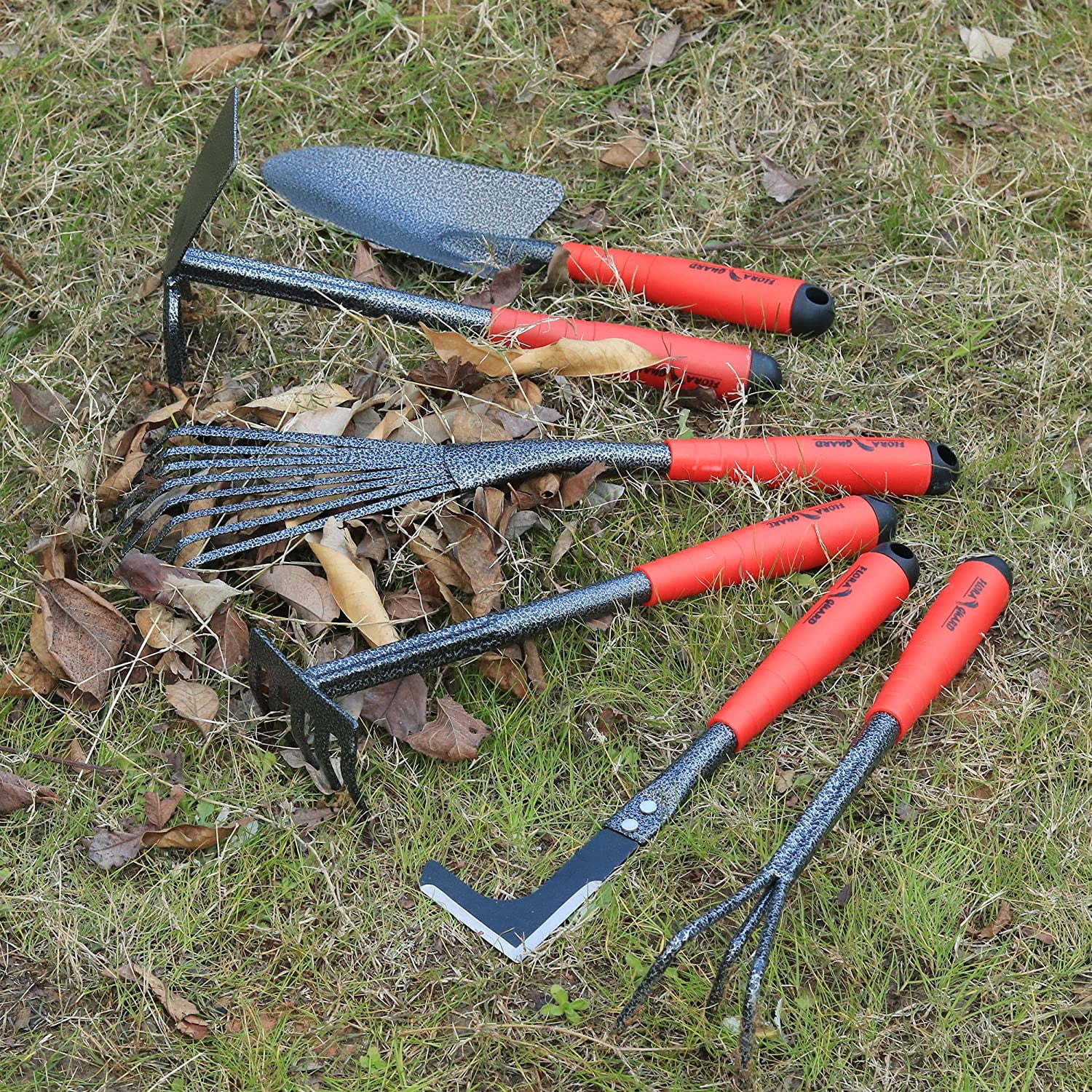 FLORA GUARD Garden Tool 6 Piece Set，Heavy Duty Stainless Steel Gardening Hand Tools Set  perfect for all gardens and indoor plants.（Red and Black）