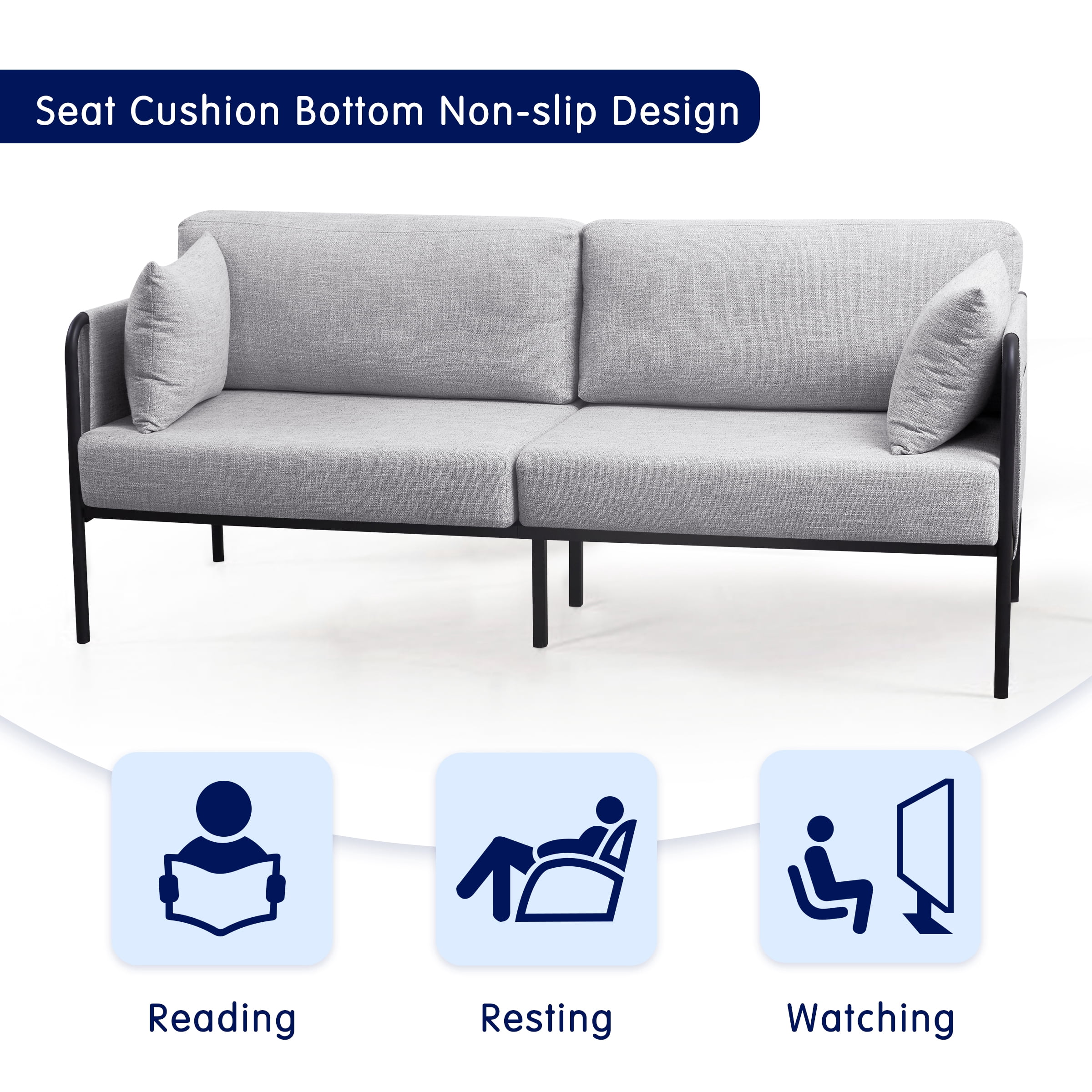 Subrtex Sofa Modern Upholstered Linen Fabric Couch with Metal Arm, Gray